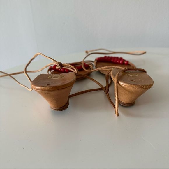 Vintage Red Beaded Leather Ankle Wrap Wedges - Picture 4 of 10